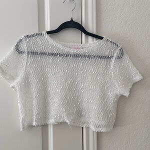 Pink Lily White Open-Knit Cropped Sweater Tee